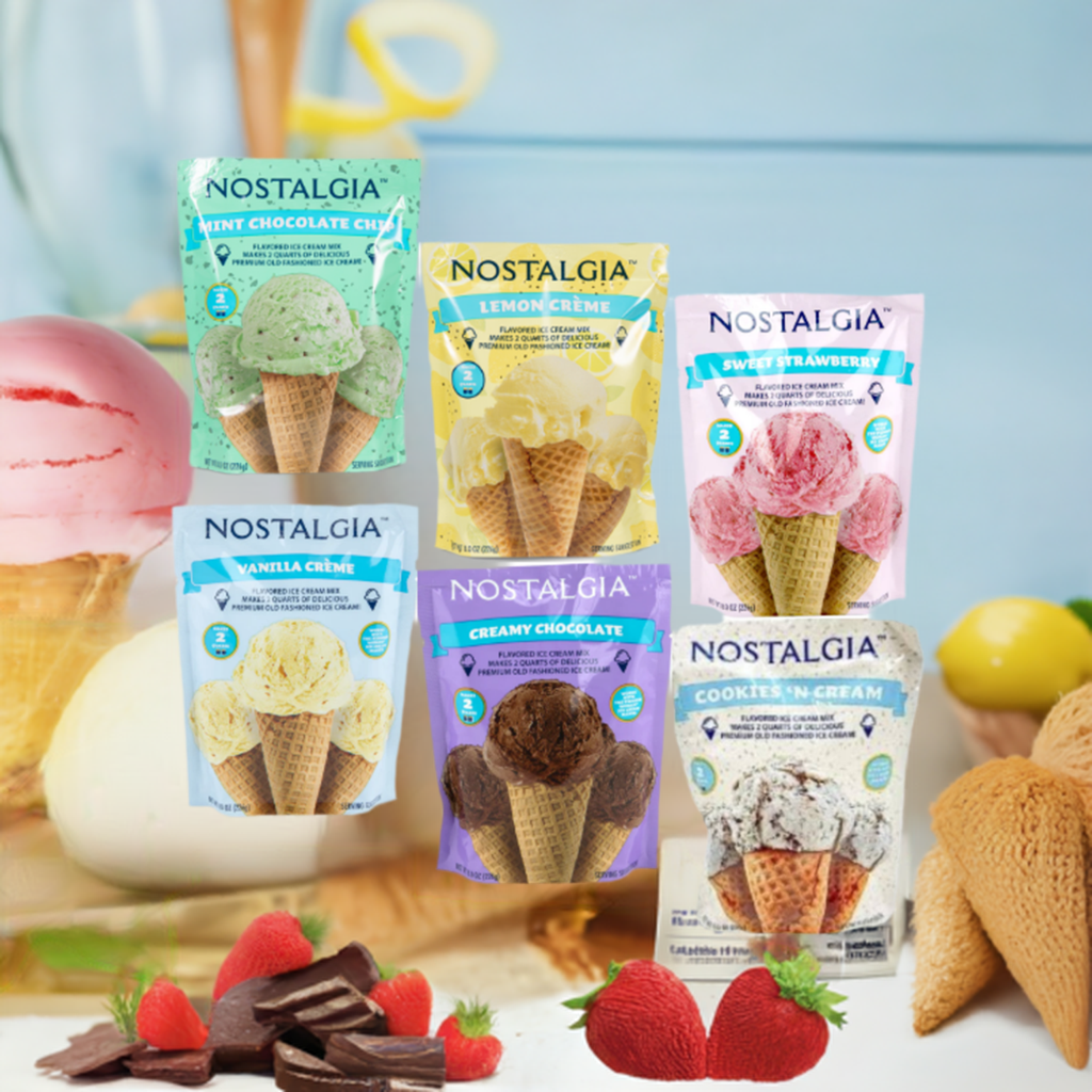 "Premium Ice Cream Mix Set – 8oz Packets (Strawberry, Vanilla, Chocolate, Mint, Lemon Creme, Cookies 'N Cream) – Makes 2 Quarts Each"