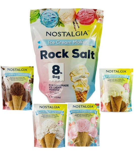 Ice Cream Maker Supply Bundle – 5-Piece Set with 8 lb Rock Salt & 4 Gourmet Ice Cream Mix Packets (Vanilla, Chocolate, Strawberry, Cookies & Cream)