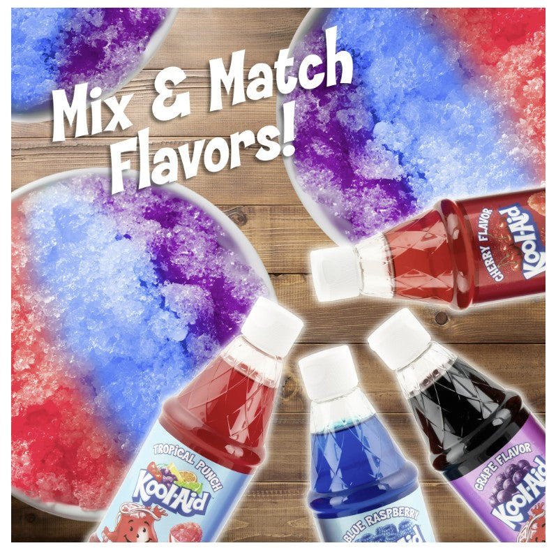Kool-Aid Snow Cone Syrup Kit with 20 Strip cups & straws and 16-Ounce Snow Cone Syrups ~ (Cherry~Blue Raspberry~Grape~Tropical Punch)