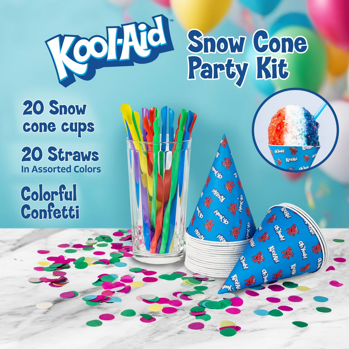 Kool-Aid Snow Cone Syrup Kit – 4 Flavors (Cherry, Blue Raspberry, Grape & Tropical Punch) with 16 oz Syrups, 20 Snow Cone Cups & Straws