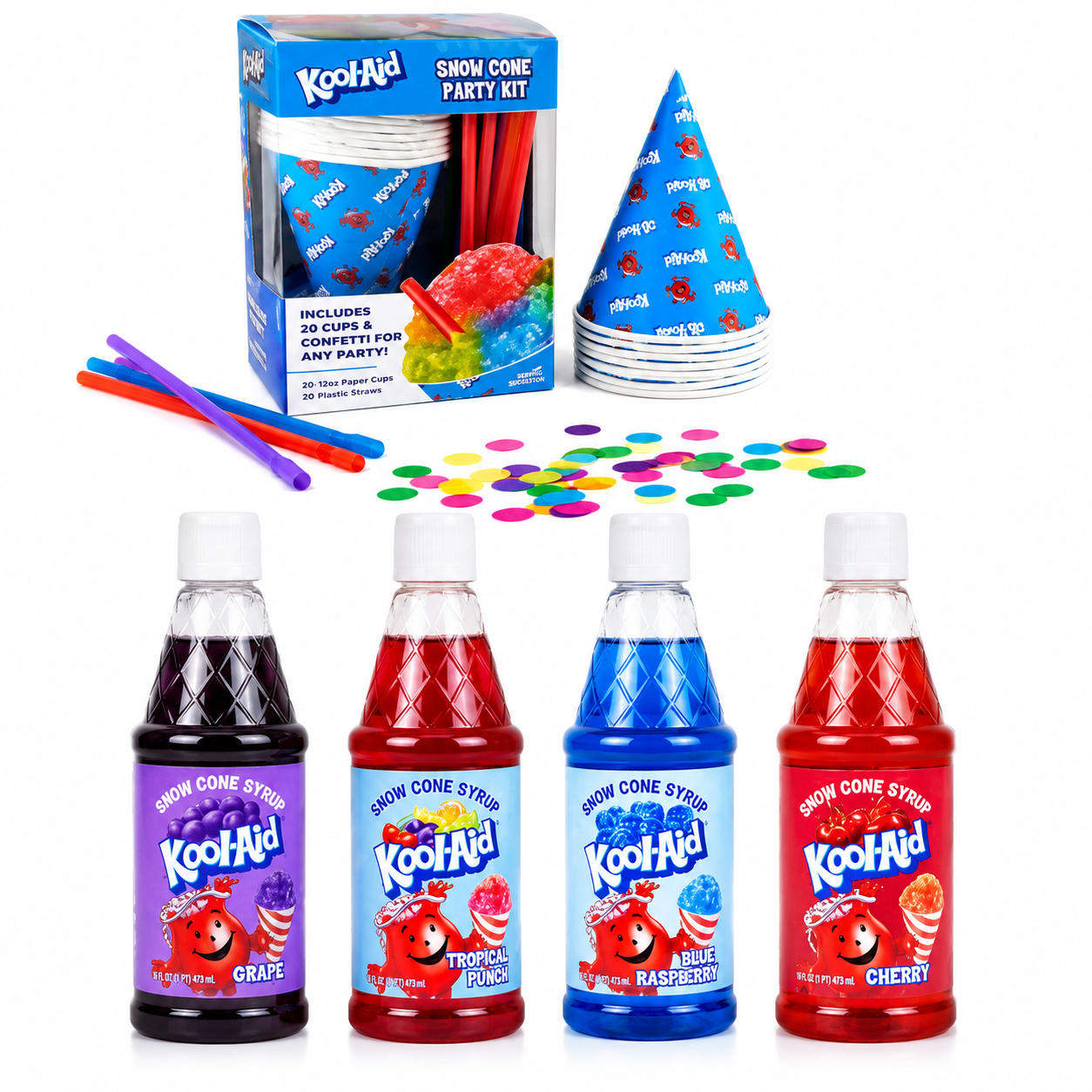 Kool-Aid Snow Cone Syrup Kit – 4 Flavors (Cherry, Blue Raspberry, Grape & Tropical Punch) with 16 oz Syrups, 20 Snow Cone Cups & Straws