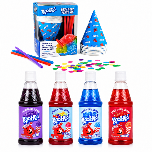 Kool-Aid Snow Cone Syrup Kit – 4 Flavors (Cherry, Blue Raspberry, Grape & Tropical Punch) with 16 oz Syrups, 20 Snow Cone Cups & Straws