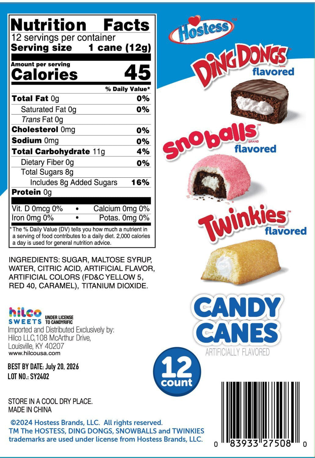 Hostess Assorted Candy Canes - Ding Dongs, Snoballs, and Twinkies Flavored Candy Canes, 12 Ct Box, 5.3 Oz