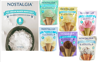 "Nostalgia Ice Cream Making Bundle: 8lb Ice Cream Maker Rock Salt with 6 Flavored Mix Packets