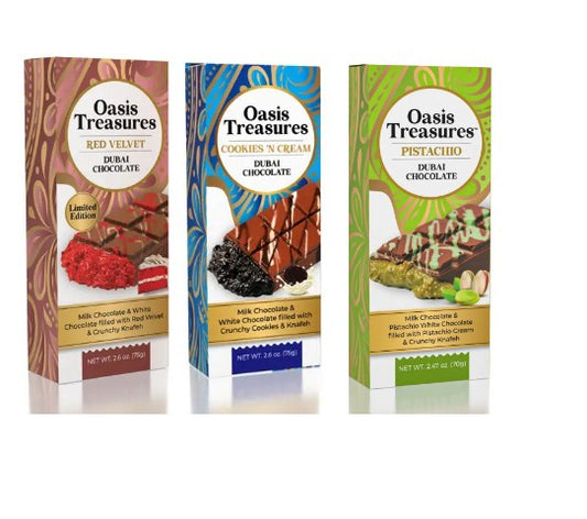 Assorted Dubai Chocolate Bars – Pistachio, Red Velvet, Cookies 'N Cream (2.5–2.6oz each)