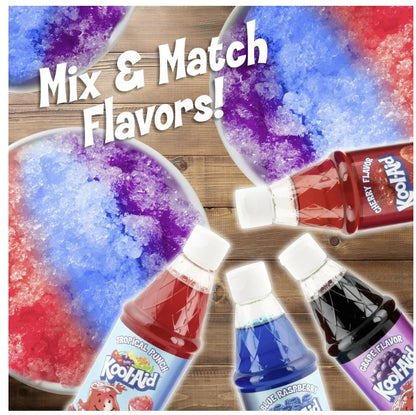 Kool-Aid Snow Cone Syrup Kit with 20 Strip cups & straws and 16-Ounce Snow Cone Syrups ~ (Cherry~Blue Raspberry~Grape~Tropical Punch)