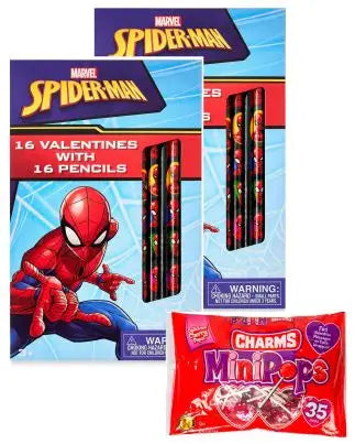 Spiderman Themed 32 Valentines Day Cards with Pencils